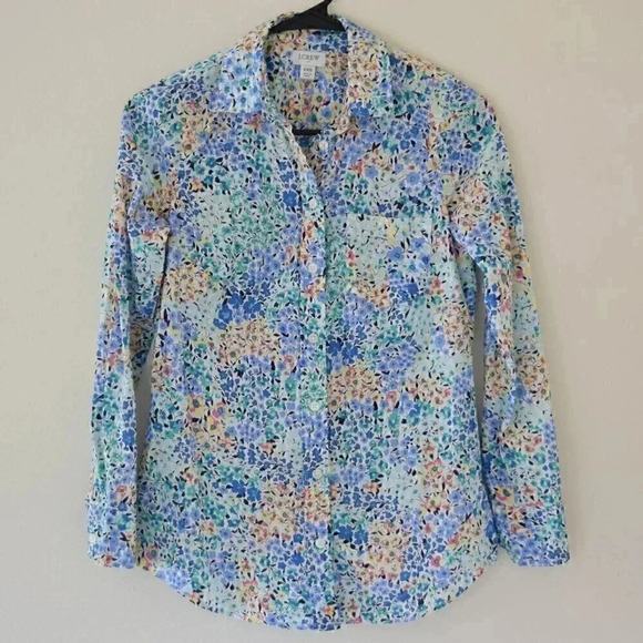 J. CREW Floral Multicolor Long Sleeve Cotton Button-Down Top Size XXS - Picture 1 of 5